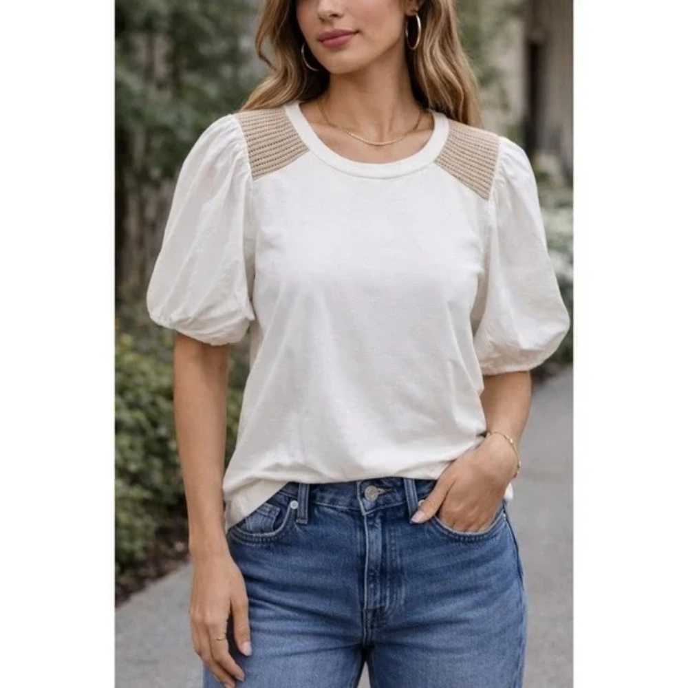 Evereve Jenni Crochet Inset Poplin Puff Sleeve Top